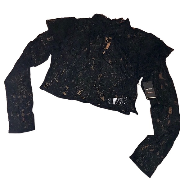 ✨NWT Forever 21 Floral Lace Sheer Black Top Size L - Picture 2 of 2